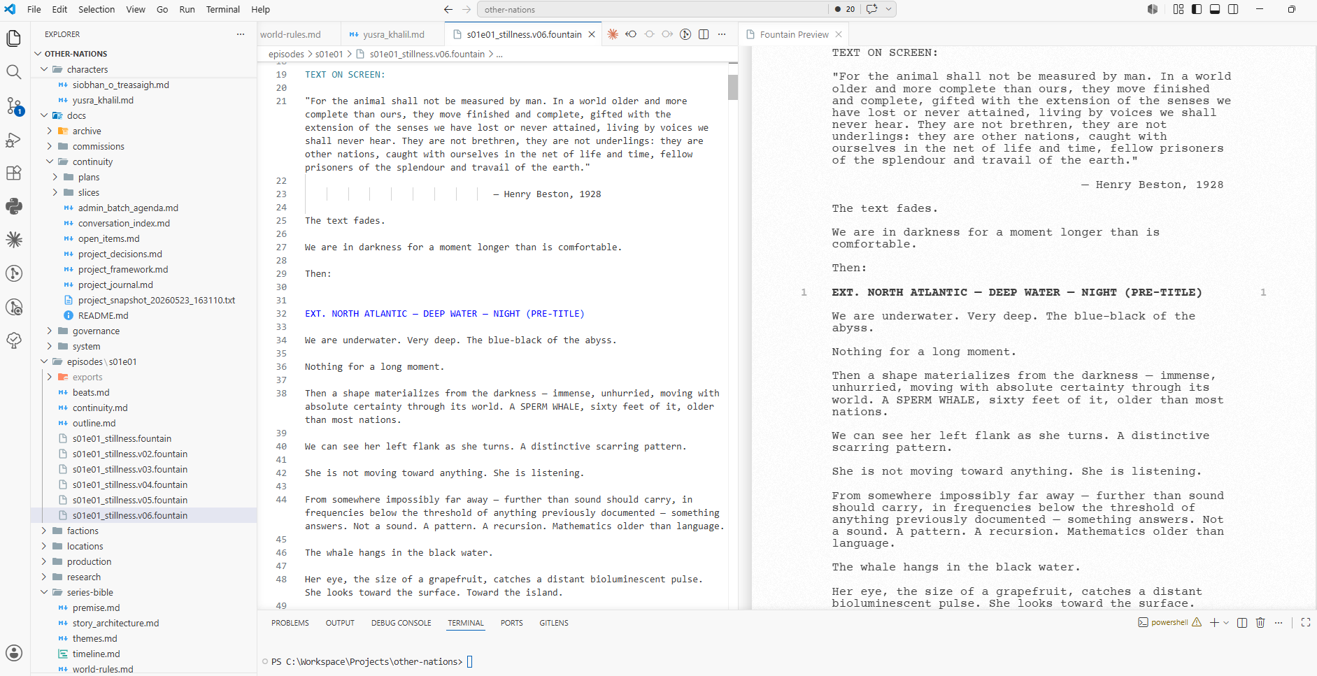 Other Nations repository in VS Code: Fountain script open alongside character files and continuity documents