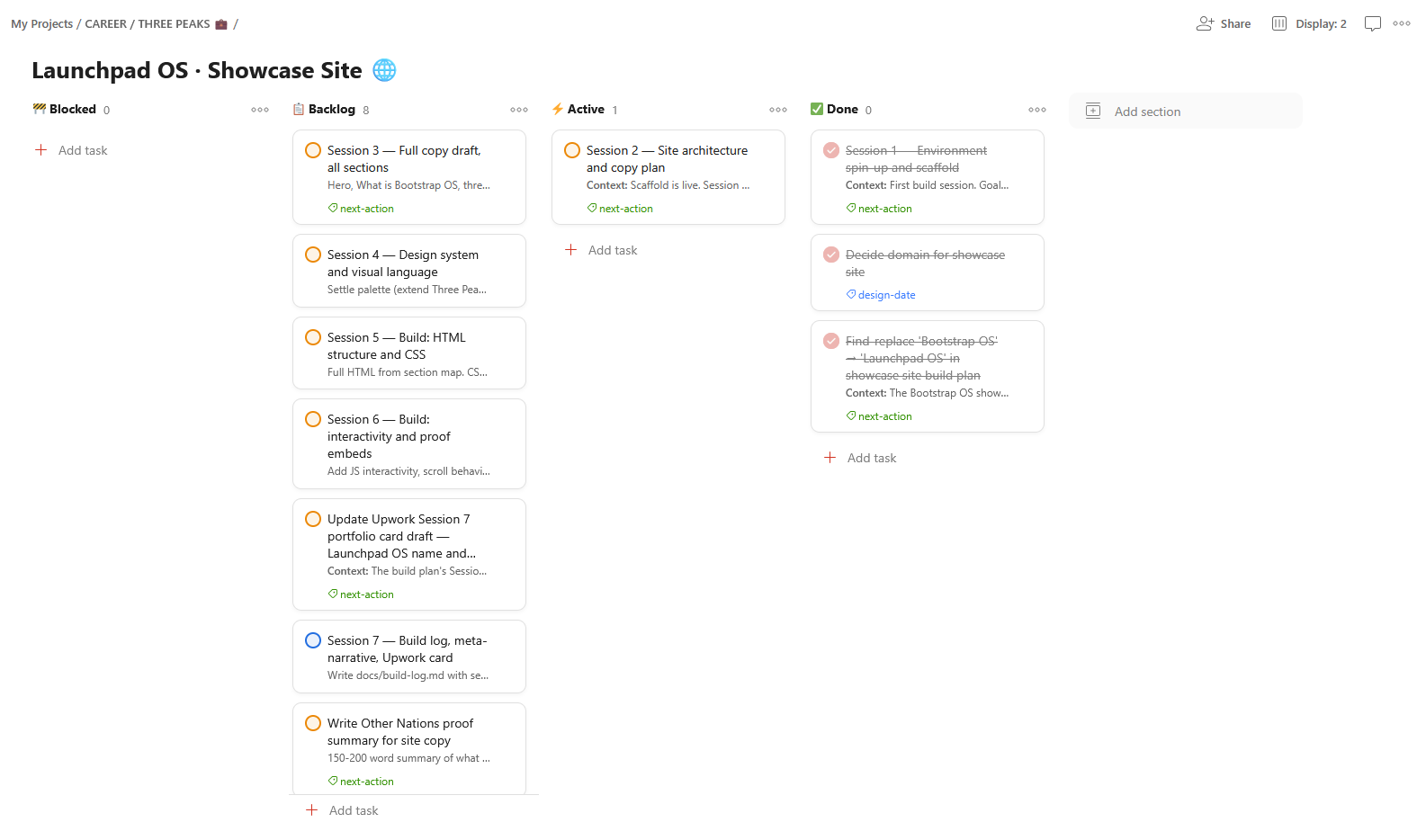Launchpad OS Todoist board, four-lane Kanban view of the session-based build workflow
